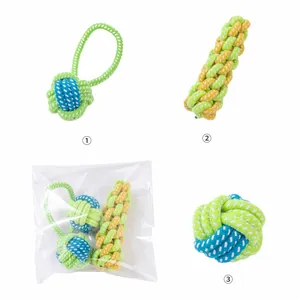Detailed view of three durable cotton rope dog toys in vibrant green and blue patterns