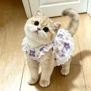 Floral pet princess dress for small dogs and cats with lace trim and flutter sleeves