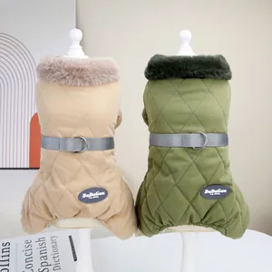 Thickened diamond quilted winter dog coat with warm faux fur collar in beige and green