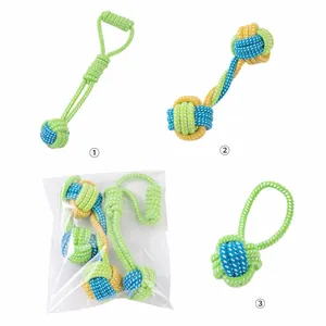 Set of multicolored cotton rope dog chew toys in various shapes with packaging.
