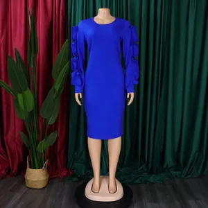 Full-length view of a royal blue plus size dress with tiered ruffle sleeves on a mannequin.