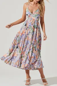 Detailed view of a floral print V-neck sleeveless pleated maxi dress with elegant drape
