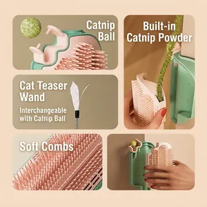Wall-mounted cat self-groomer with catnip ball and teaser wand, soft bristles