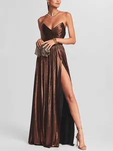 Elegant metallic bronze strapless evening gown with high slit and pleated bodice