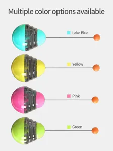 Interactive cat tumbler toy in lake blue, yellow, magenta, and green colors