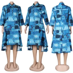 Blue patchwork print high-low hem shirt dress with 3/4 sleeves and lapel collar