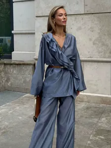 Women Tencel Ruffle Wrap Top And Wide Leg Pants Set Long Sleeve Office Commute Elegant Two Piece Solid Color Co-ord