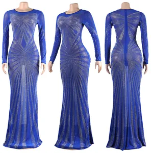 Detailed three-angle view of a royal blue floor-length evening gown with rhinestones