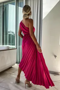 Elegant fuchsia one-shoulder pleated maxi dress showing detailed back view and texture