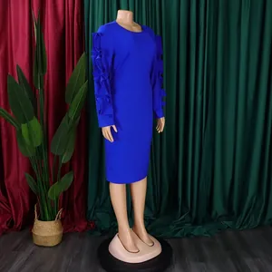 Elegant royal blue plus size long sleeve midi dress featuring unique ruffle sleeve details