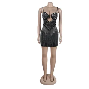 Elegant black bodycon mini dress featuring exquisite rhinestone and pearl embellishments.