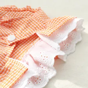 Nahaufnahme eines atmungsaktiven orange karierten Haustierkleids mit weißer Spitze