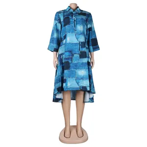 Detailed front view of a blue denim print collared high-low dress on a mannequin