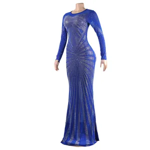 Royal blue long-sleeved evening gown featuring exquisite radiating rhinestone patterns