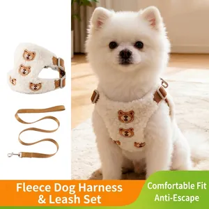 Winter Warm Dog Harness And Leash Cute Bear Sherpa Fleece Adjustable Breathable Puppy Vest For Small Medium Dogs Pet Accessory
