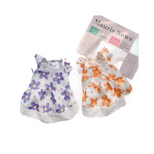 Breathable floral summer dog dress with ruffle sleeves and lace hem for small pets