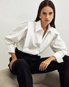 Elegant white cotton French style blouse with pleated shoulder detail for women