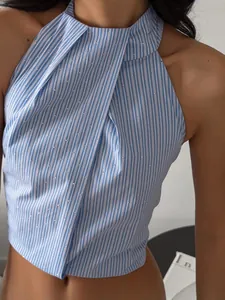 Haut dos nu sexy à rayures bleues avec strass, débardeur court d'été pour femmes élégantes.