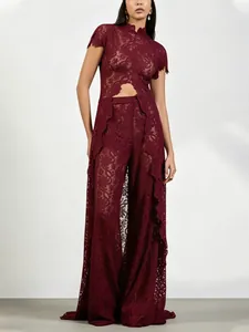 Elegant wine red floral lace jumpsuit with chic front slit and hollow waist design