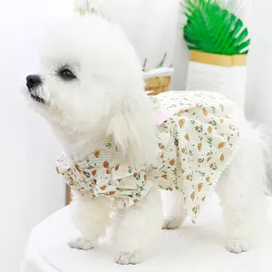 Floral mushroom print pet dress for small dogs and cats in soft ribbed cotton fabric
