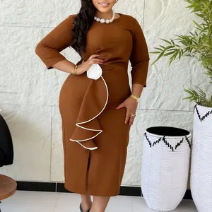 Elegant brown plus size dress with white floral ruffle and slim fit silhouette