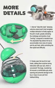 Interactive cat treat dispenser wobbler with adjustable internal maze and top-fill lid.
