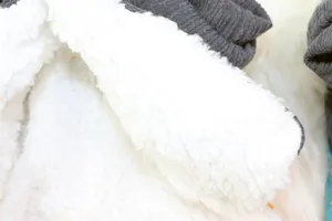Detail shot of the ultra soft white sherpa fleece lining inside warm winter pet apparel