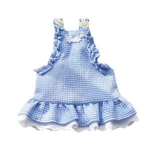 Blau-weiß kariertes Haustier-Sommerkleid mit Gänseblümchen-Stickerei und Spitze