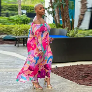 Vibrant abstract floral print on elegant off-the-shoulder maxi dress for women