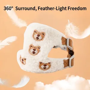 Soft lamb wool dog harness with cute bear embroidery and adjustable matching leash set