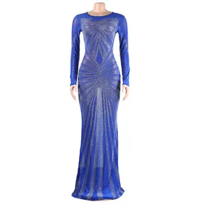 Detail of sexy royal blue floor-length dress with sparkling rhinestone patterns