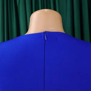 Close-up view of the back invisible zipper on a royal blue elegant plus size dress