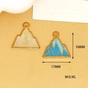 Close-up detail of blue snow mountain enamel charms showing 16mm by 17mm dimensions