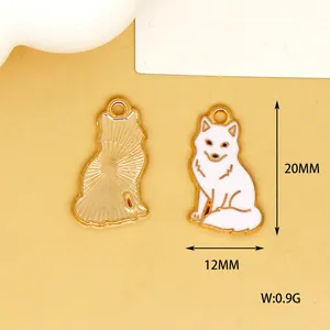 Close-up detail of white fox enamel charm showing dimensions 20mm by 12mm and weight 0.9g