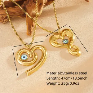 Detailed view of gold evil eye heart necklaces with material and size parameters.