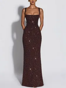 Elegant dark brown sequined sleeveless evening gown with a slim-fit silhouette