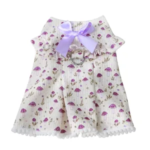 Cute mushroom print pet dress with purple bow and leash D-ring for small dogs and cats