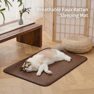 Tapis de Refroidissement pour Animaux de Compagnie Été Respirant en Imitation Rotin Tissé Coussin de Couchage pour Chiens Chats