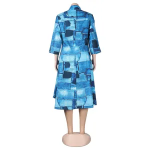 Detailed back view of a women's blue patchwork print midi dress with stylish lapel collar