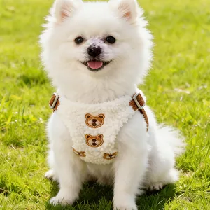 Cozy white fleece dog harness with brown bear embroidery for small dogs outdoors