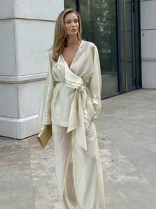 Elegant tencel 2-piece set with ruffle wrap top and wide-leg trousers in cream