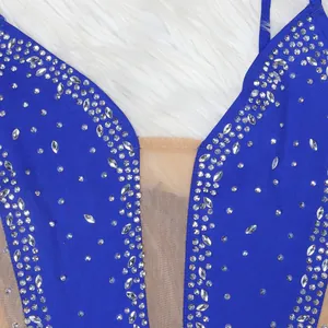 Close-up of blue evening dress with rhinestone detailing and tan mesh perspective