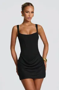 Elegant black sleeveless bodycon mini dress with square neckline and corset detail.