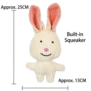 Plush squeaky rabbit dog toy made of durable corduroy fabric, white and pink colors.