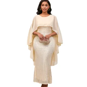 Elegantes champagnerfarbenes Pailletten-Etui-Abendkleid mit Chiffon-Cape für Partys