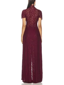 Back view of elegant burgundy lace maxi dress with intricate floral patterns
