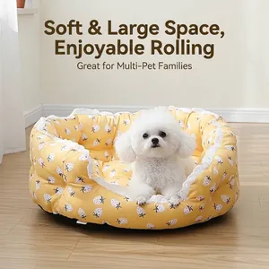 Premium semi-enclosed yellow strawberry print pet bed with soft ruffles for cats and dogs