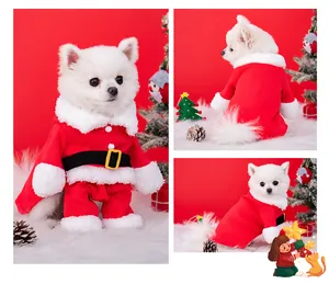 Detail view showing a small dog in a festive red and white Santa costume for pets.