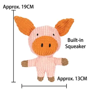 Durable plush squeaky pig toy for dogs showing 19cm height and 13cm width dimensions
