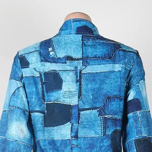 Macro view of blue vintage denim patchwork print on long sleeve slim fit jacket detail